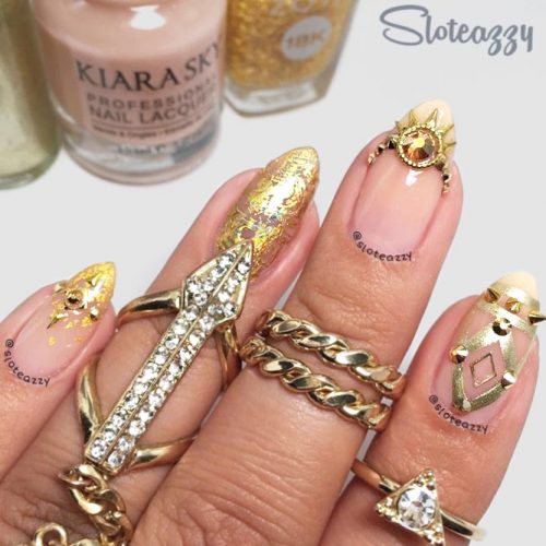 Fantastic Manicure In Rich Gold Shades #goldnails #studsnails #almondnails