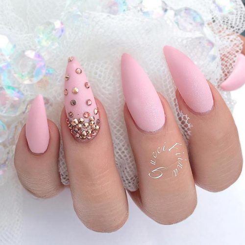 Scattering Of Rhinestones On Accented Finger #mattenails #pinknails #rhinestonesnails