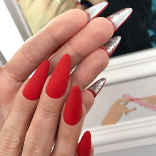 Matte Red vs Silver Shine Simple Yet Elegant Idea #glitternails #rednails #mattenails #louboutinnails