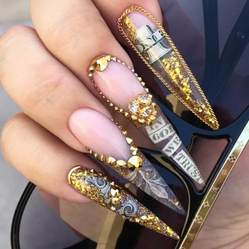 Money Nails Crazy Idea For Really Daring Ladies #longnails #stilettonails #moneynails #glitternails #rhinestonesnails