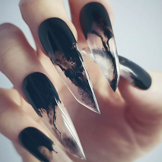 Unusual Lipstick Nail Shape #lipsticknails #longnails #fakenails #blacknails #smokenails