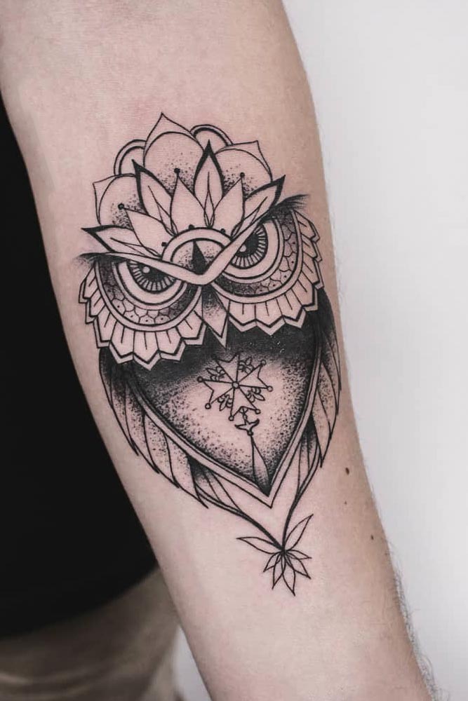 Black And White Owl Tattoo In Ornamental Style #blackandwhitetattoo 
