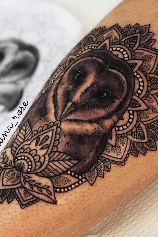 Owl Tattoo With Lotus Flower Design #mandalatattoo #lotusflowertattoo