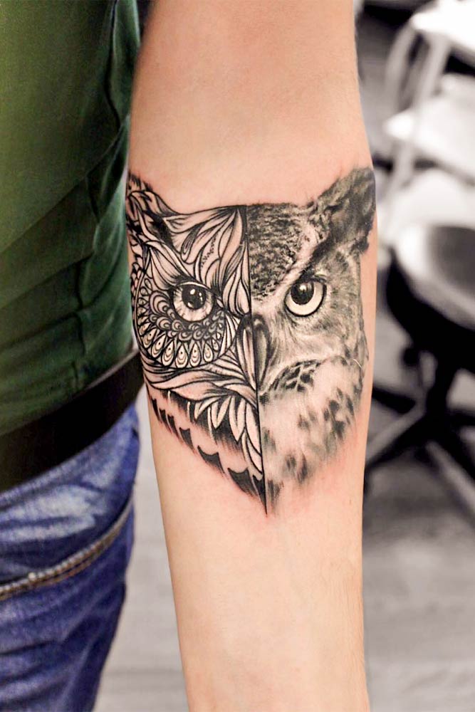 Half Realism Half Mandala Owl Tattoo #mandalatattoo #realismtattoo