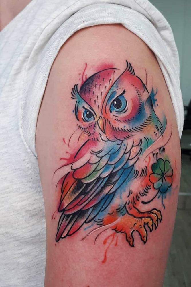 colorful owl tattoo flash