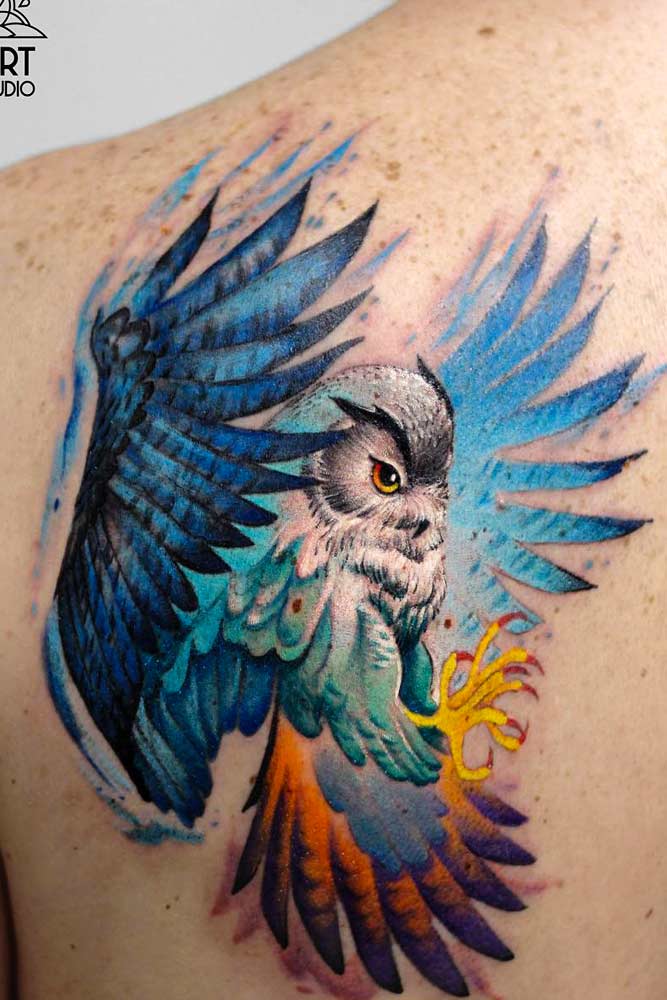 Bright Colorful Owl Tatto Design For Back #backtattoo