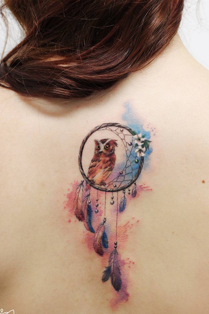 Cute Watercolor Owl Tattoo Design With Dream Catcher #dreamcatcher #backtattoo