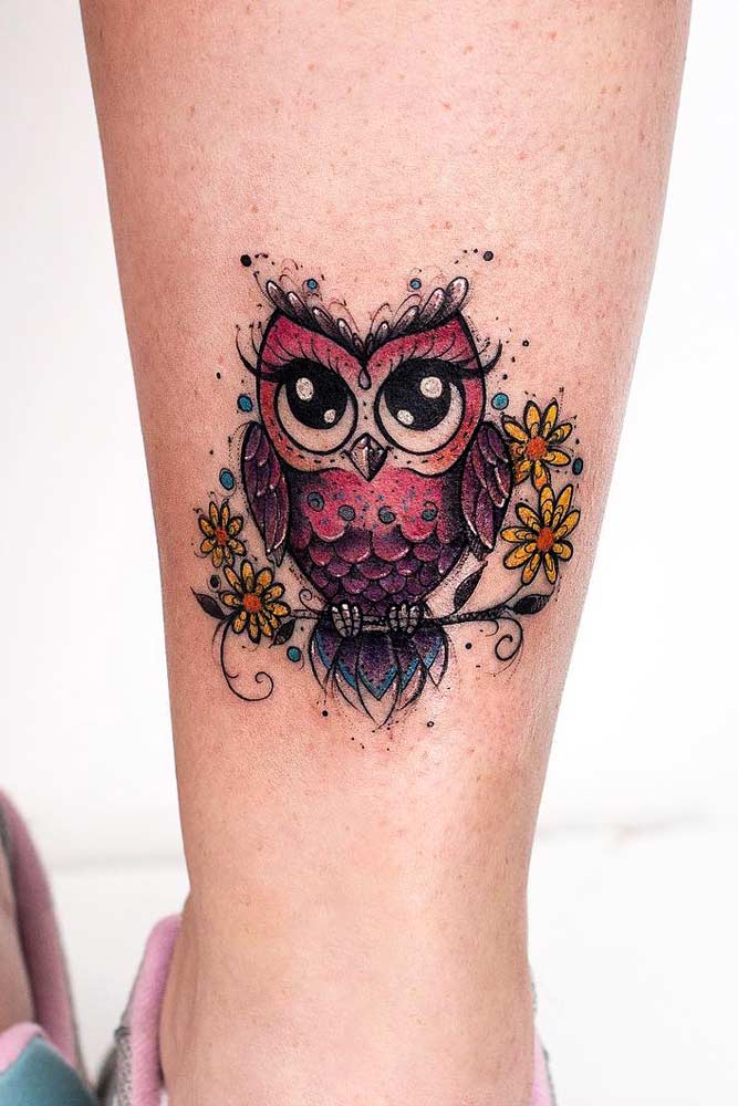 Cute Owl Design For Leg #cutetattoo #femininetattoo