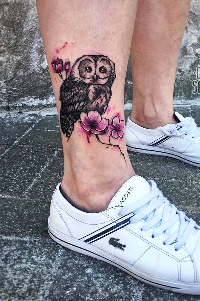 Owl Tattoo With Cherry Blossom Flowers #cherryblossomflowers #tattooforleg