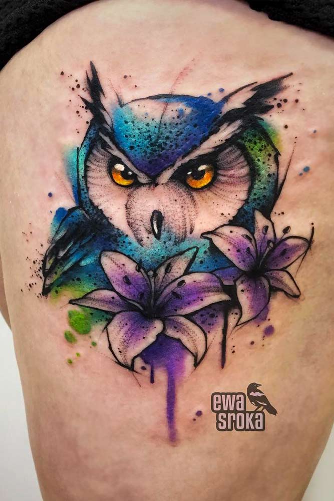 Colorful Owl Tattoo For Leg #legtattoo