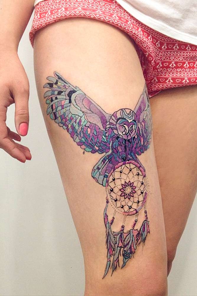 Owl Tattoo Design For Leg #legtattoo #dreamcatchertattoo #galaxytattoo
