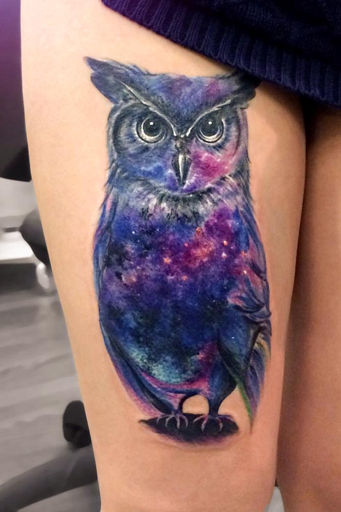 Galaxy Owl Tattoo For Leg #legtattoo #galaxytattoo