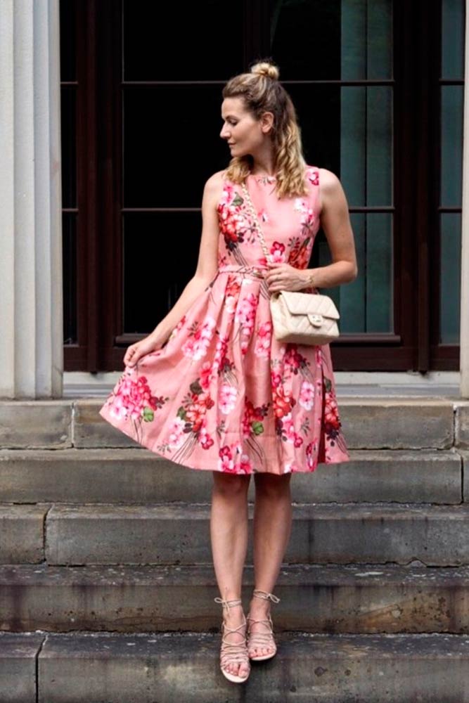 Pink floral wedding guest sales dress