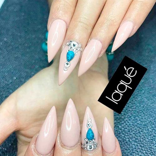 Elegant Stilettos With Turquoise Accents #nudenails #stilettonails