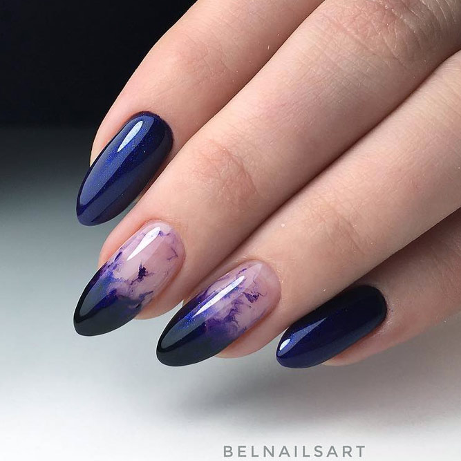 Incredible Inky Nail Design #navybluenails #ovalnails #longnails #ombrenails