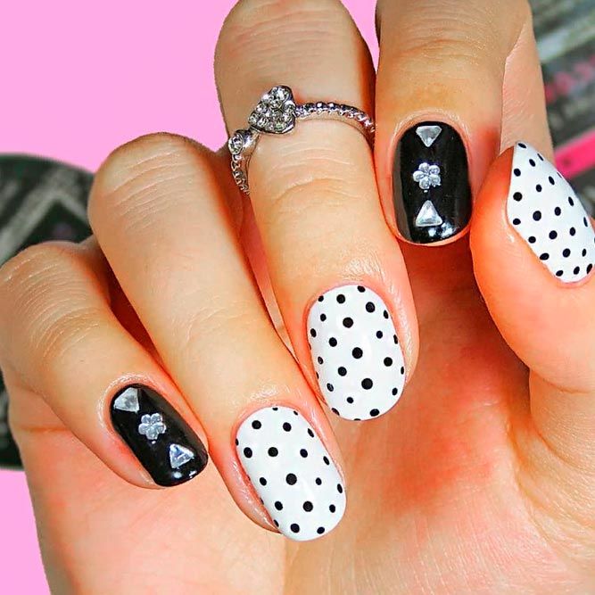 Cute Nails With Polka Dots #dotticurenails #rhinestonesnails