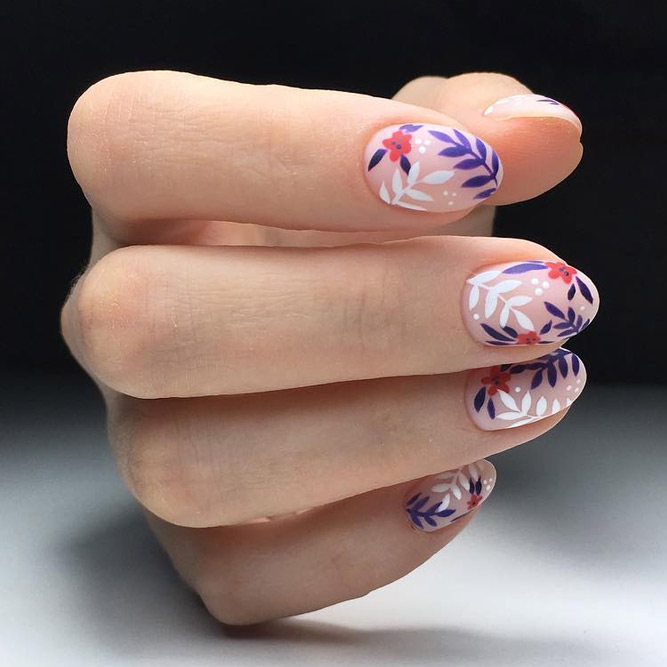 Gently Leafy Art #nudenails #roundednails #shortnails #mattenails #floralnails #leavesnails