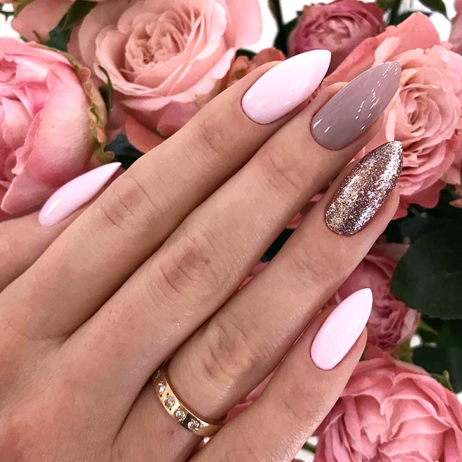 Elegant Manicure With Glitter Accent #pinknails #mauvenails #longnails #almondnails #glitternails