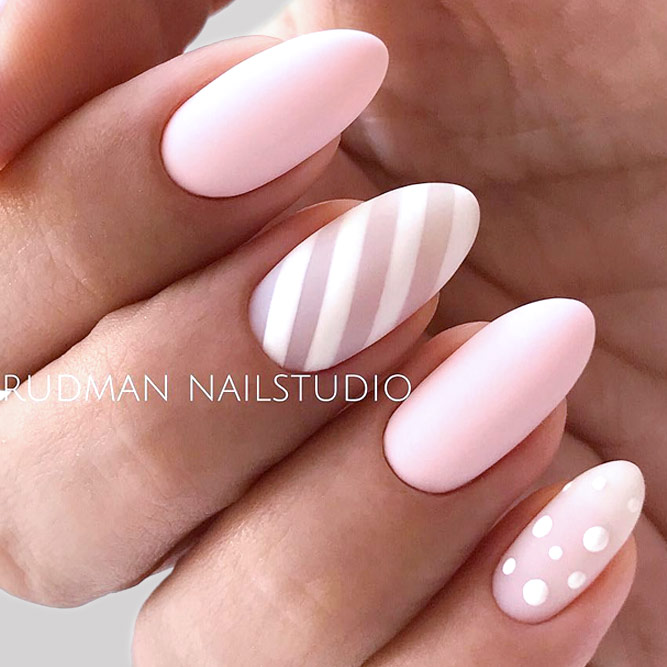 Matte Candy Nails For Sweet Girls #nudenails #pinknails #almondnails #longnails #mattenails #stripesnails #dotsnails