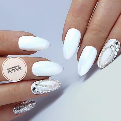 Total White Nails For Special Event #whitenails #rhinestonesnails #ovalnails #longnails