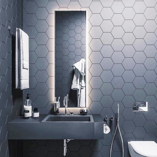 Black Bathroom Design With Lighted Mirror #modernbathroom