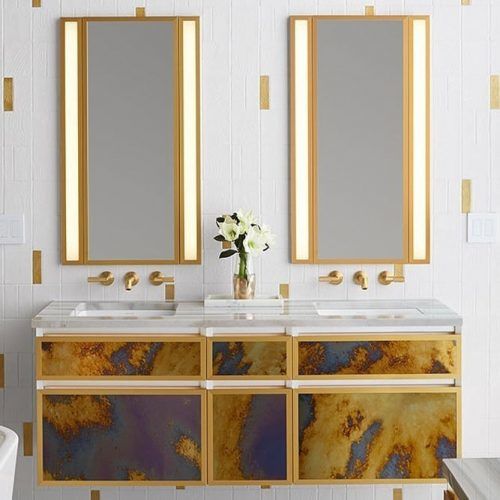 Modern Bathroom In Gold Colors With Lighted Mirror #goldbathroom