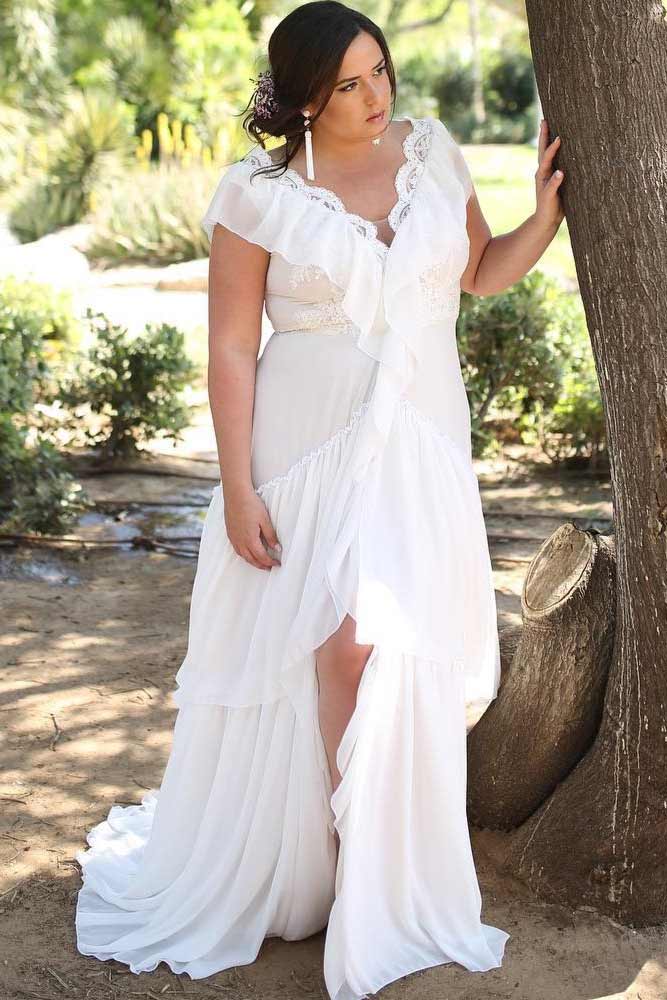 thumbnail image 2 of Plus Size Beach Wedding Dress - Long Lace Chiffon Bride Gown With Pearl Details 2 of 9