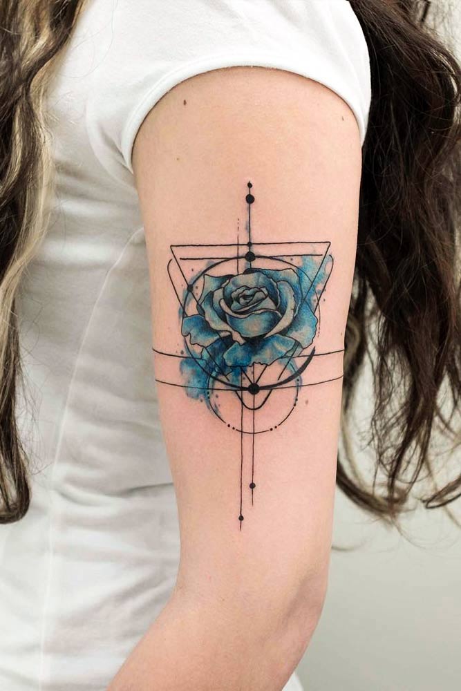 Blue Rose Tattoo Design With Geometric Elements #geometrictattoo #armtattoo #bluerosetattoo