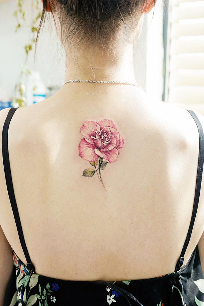 Pink Rose Tattoo Idea For Back #pinkrose #backtattoo
