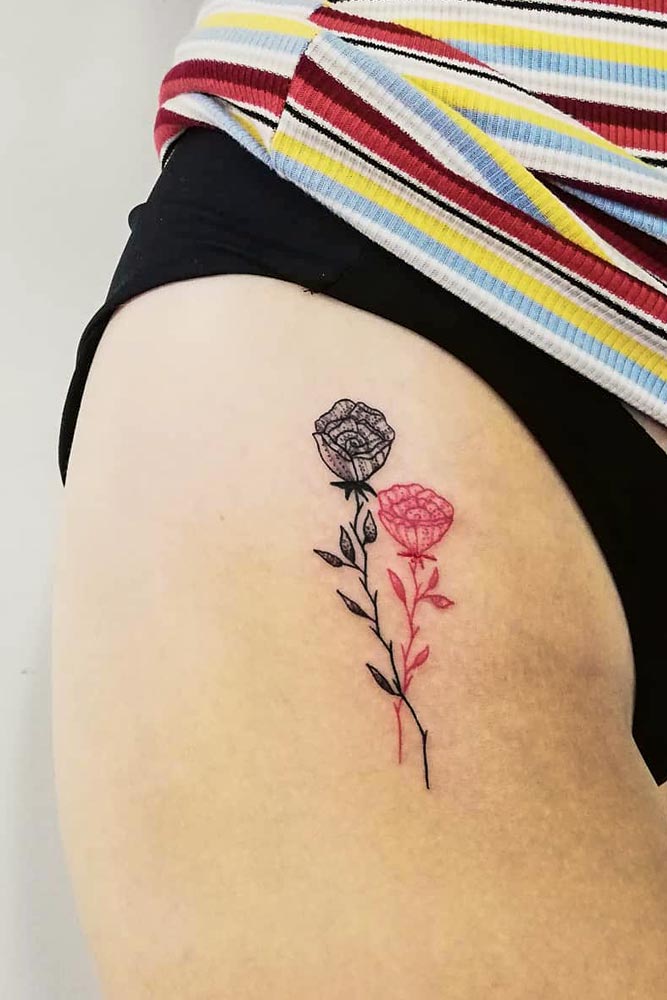 2 colorful simple rose tattoos. One says 