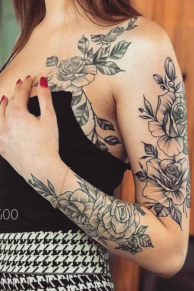 black and white rose tattoo sleeve