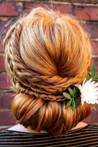 Greek Style Updo With Braids #braid #floralaccessory #redhair