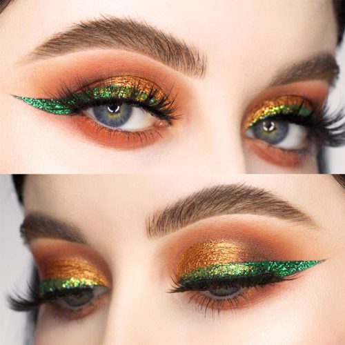 Festive Eyes Makeup With Green Eyeliner #glitterline #greenline