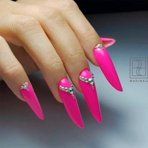 Bright Nails With Rhinestone Half Moons #longnails #rhinestonesnails #nailart