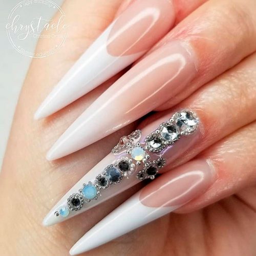 Elegant French Mani With Rhinestone Accent #longnails #frenchnails #rhinestonesnails