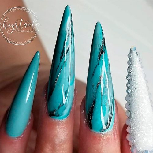 Stylish Turquoise Marbled Nail Art #marblednails #longnails #rhinestonesnails