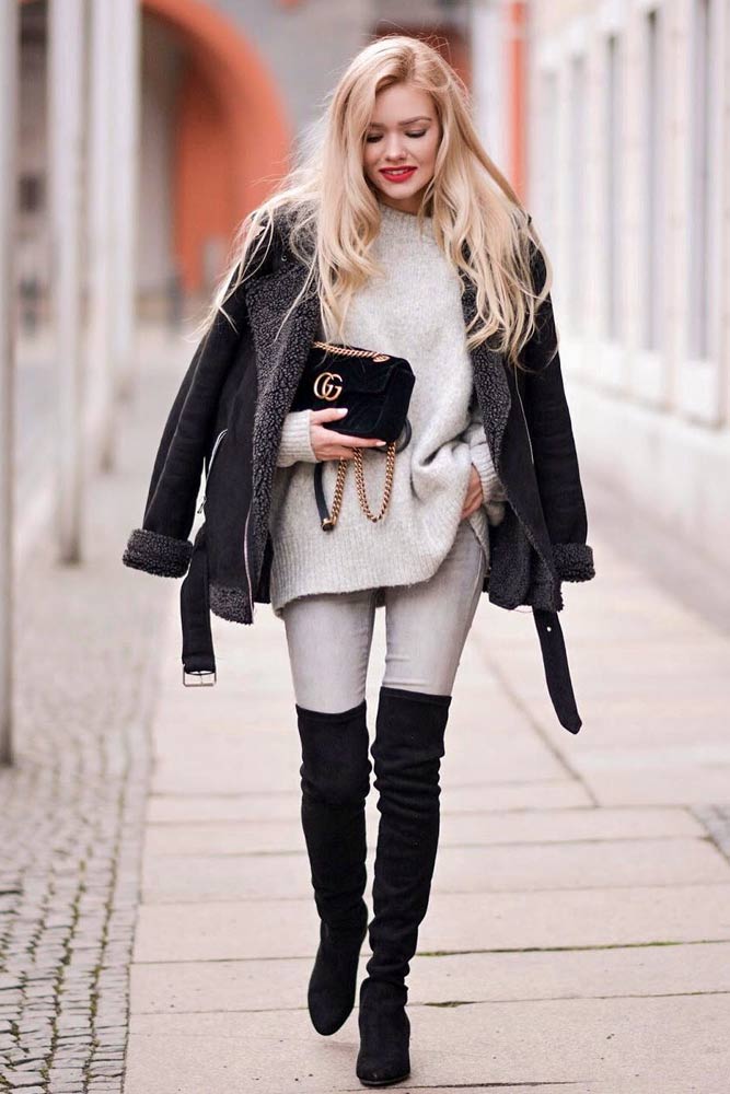 Classy Black And White Outfit #blackboots 