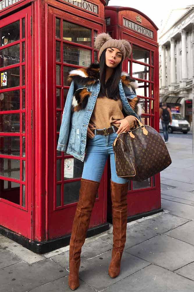 Denim Outfit In Blue And Brown Colors #denimoutfits