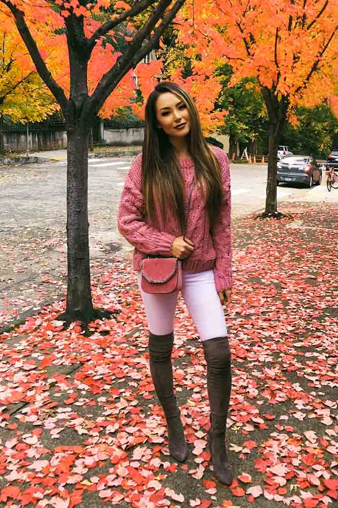 Brown Over The Knee Boots With A Pink Top #pinksweater #brownboots 