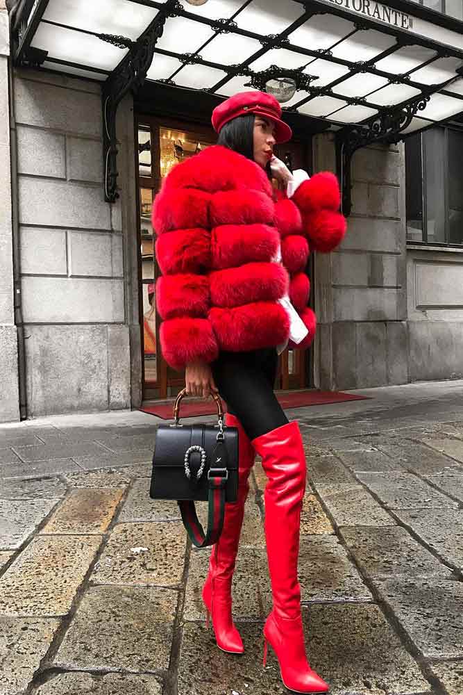 Red Outfit With A Short Fluffy Jacket #redboots