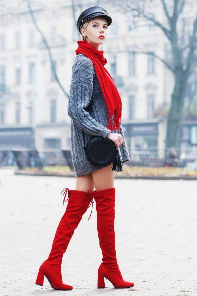 Long Grey Sweater with Red OTK Boots