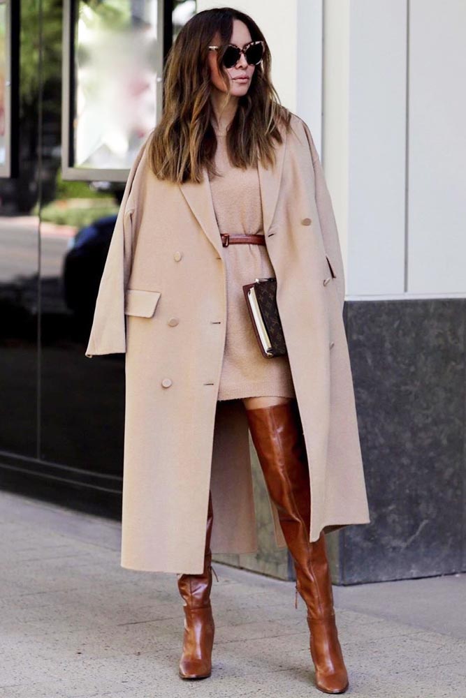 Beige Dress With Coat #beigecoat #sweaterdress