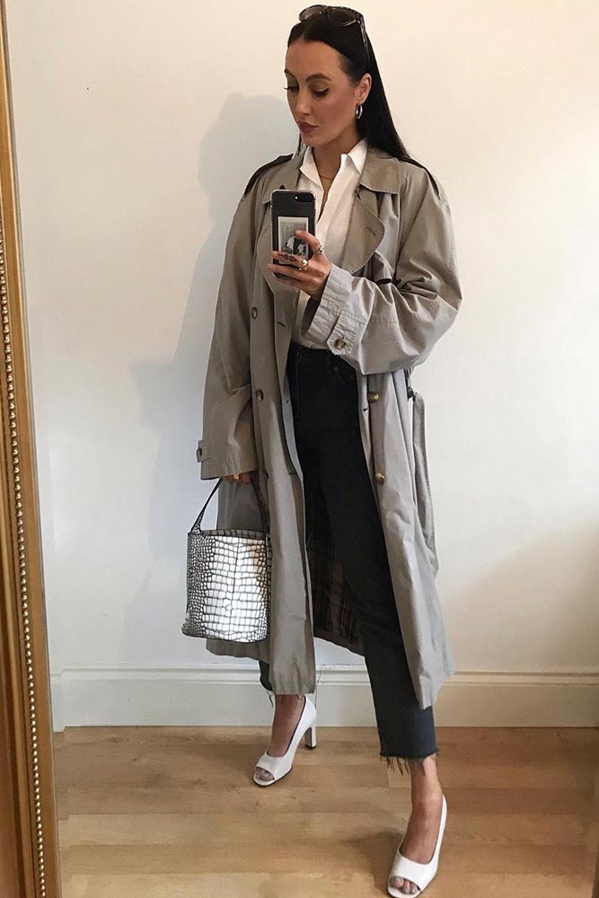 Gray Classic Trench For Casual Look #graytrench #whiteblouse