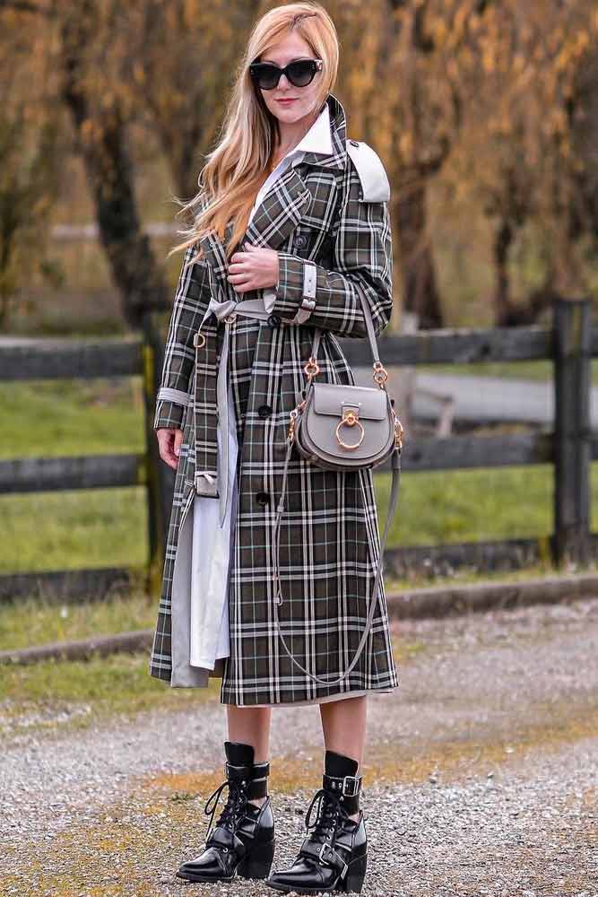 plaid trench coat outfit