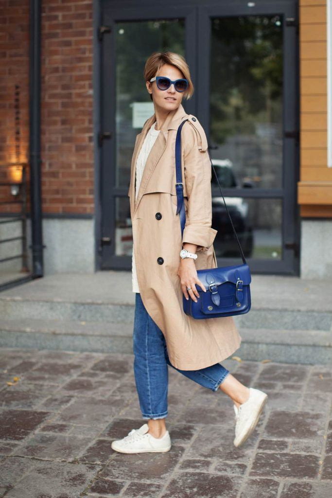 casual red trench coat outfit