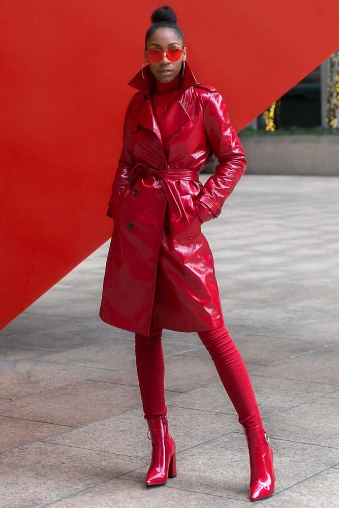 Monochromatic Red Outfit With Vinyl Coat #redtrench