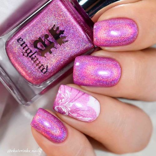 Pink Holographic Nails With Accented Finger #prettynails #pinknails