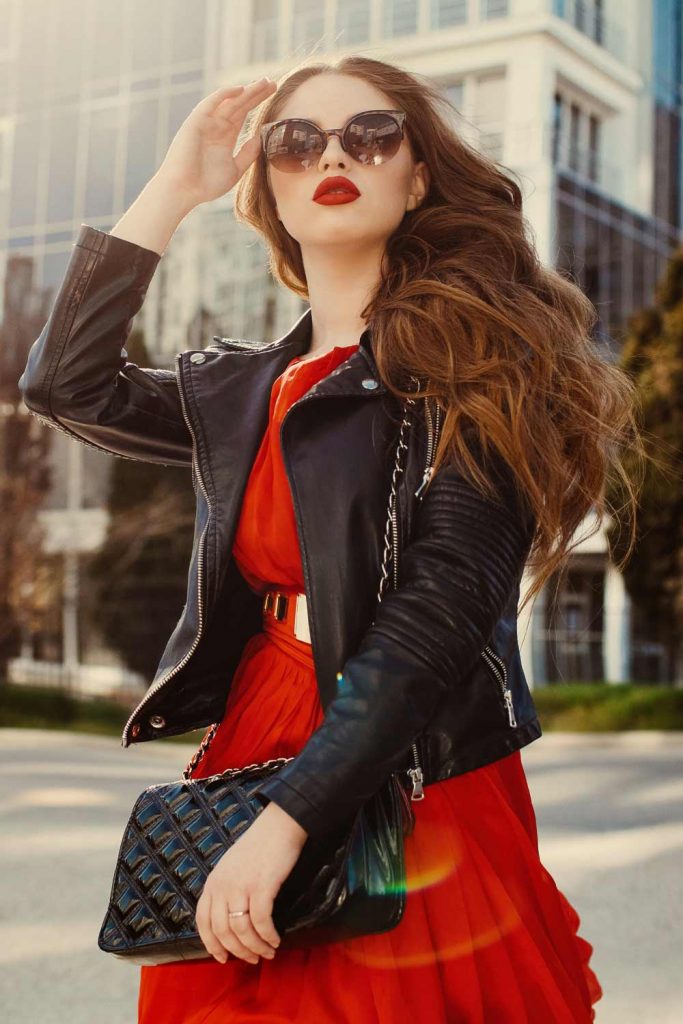 Leather Jacket and Red Dress