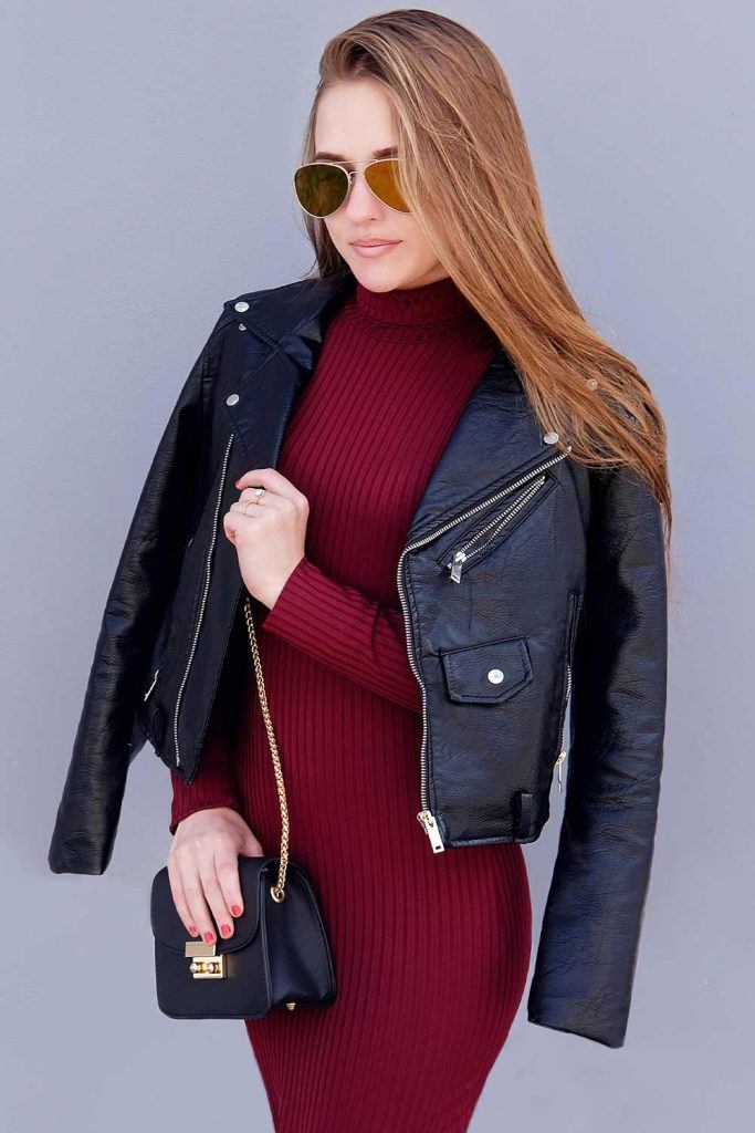 Sweater Dress With Leather Jacket