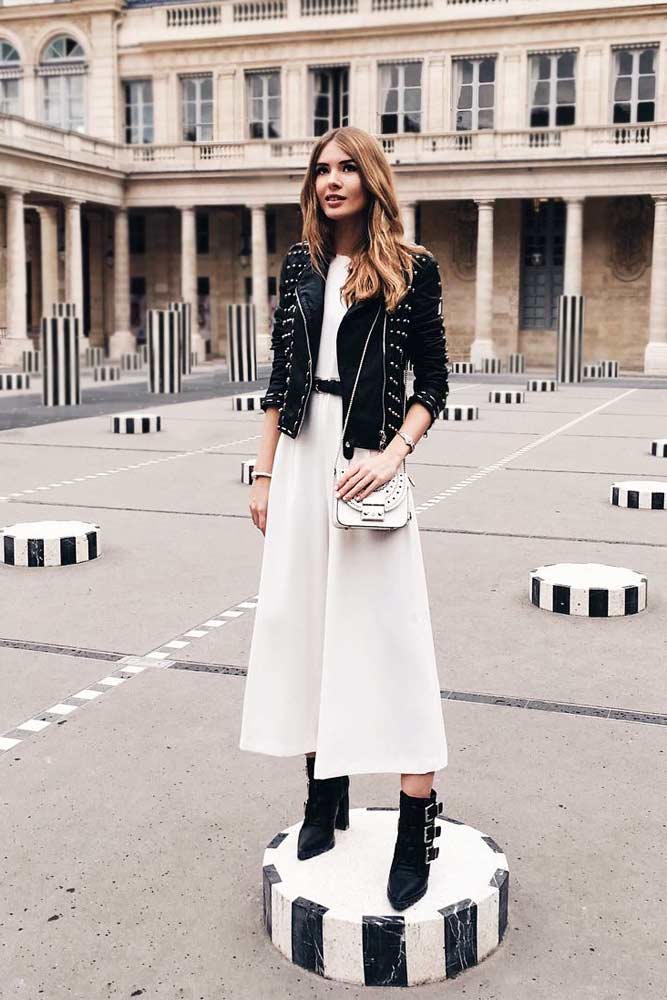 Emphasize Your Femininity With A Long Dress And A Leather Jacket #longdress #whitedress